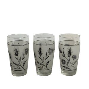 VTG Libbey Frosted Glass Tumbler 5.25" Silver Wildflower Wheat Mid-Century MCM